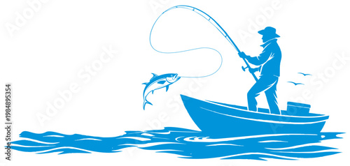 Vector silhouette illustration of people fishing on a boat