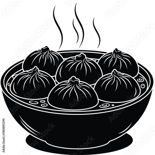 Steaming bowl of dumplings in a traditional chinese steamer basket