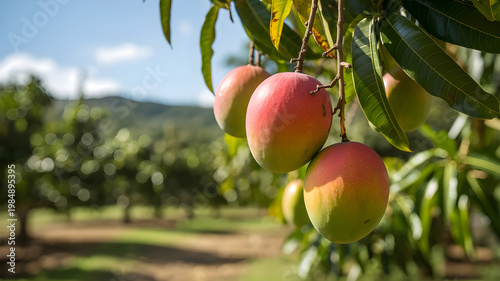 Ripe mangos hanging from a tree with a blurred background of lush greenery