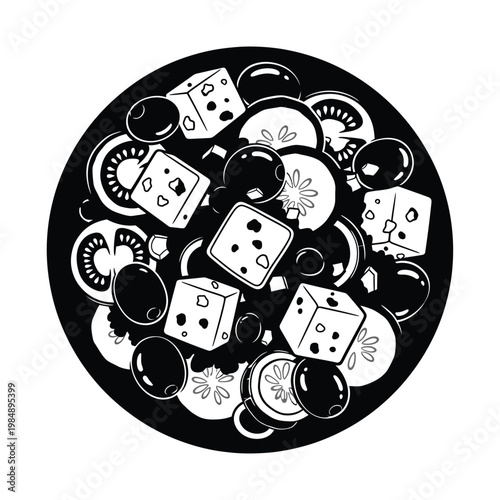 Stylized illustration of a Greek salad with feta cheese olives and tomatoes isolated on transparent background