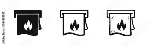 Fire blanket safety icon set in solid, outline, and hand-drawn styles