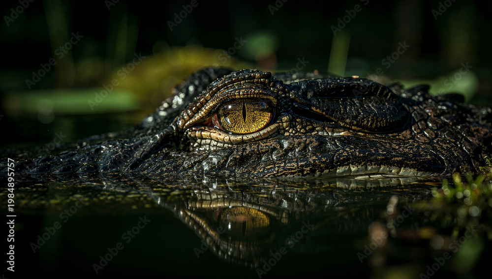 Fototapeta premium Close-up of an alligator eye and scaly skin, wild reptile in natural habitat.