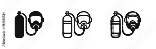 Breathing apparatus scuba tank and mask icon set in three styles