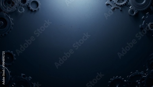 A dark industrial background featuring various mechanical gears and cogs arranged in the corners, providing a sophisticated framework for technology, engineering, and intricate systems.