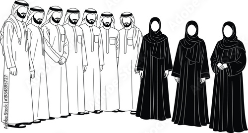 Middle Eastern people vector illustration featuring men in traditional thobe and ghutra and women in abaya and hijab standing in a group