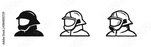 Firefighter avatar icon set with helmet in three graphic styles