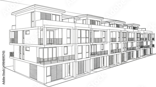 Modern Multi-Unit Residential Complex with Balconies in Black and White Architectural Line Drawing