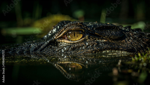 Close-up of an alligator eye and scaly skin, wild reptile in natural habitat.