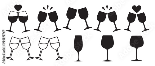 Clinking champagne and wine glass silhouettes for celebration and toast. vector illustration eps 10.
