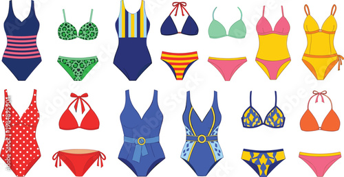 Women's swimwear collection vector set featuring various one-piece bathing suits and colorful bikini designs for summer fashion and beachwear