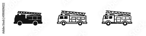 Fire Engine Vehicle Icon Set - Firefighting Truck with Ladder in Three Distinct Graphic Styles