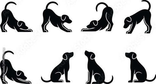 Group of eight dog silhouettes in different postures with black and white
