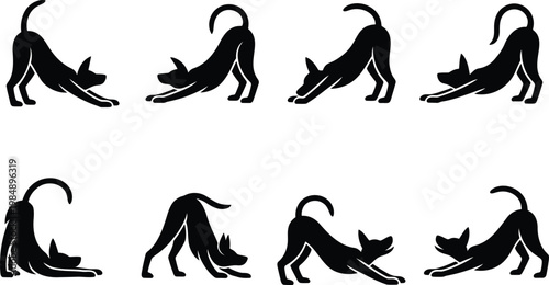 Black silhouette dog poses vector set with animal behavior lying down movement