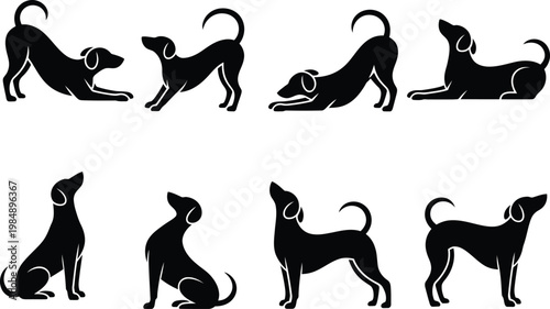 Collection of eight dog silhouettes in various poses with black and white