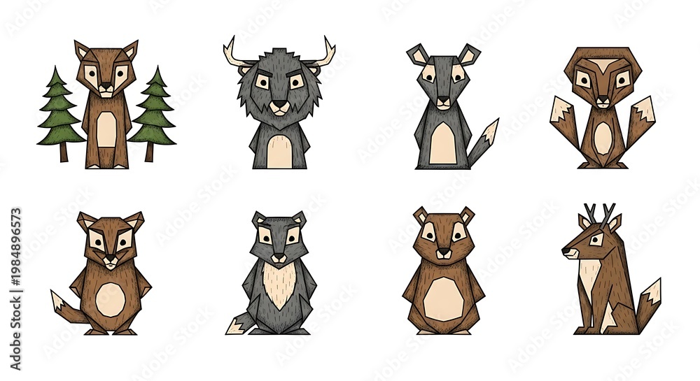 Fototapeta premium A Group of Cartoon Forest Animals in Geometric Vector Illustration Style Together