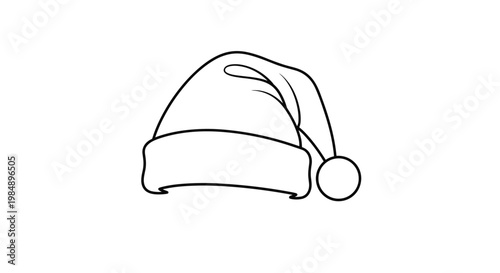 Simple black outline of a santa claus hat with a fluffy trim and pompom for christmas holiday season decorations and kids coloring pages.