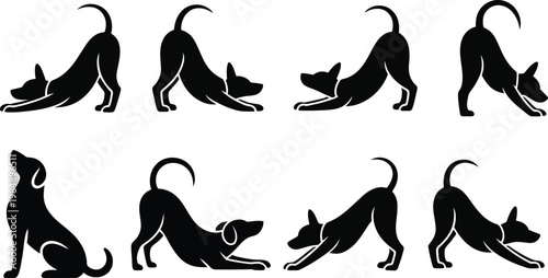 Collection of black silhouette dog poses for design with animal behavior