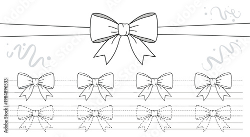 Children tracing worksheet featuring decorative ribbons and bows for developing handwriting and fine motor skills in preschool and kindergarten.