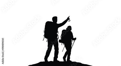 Hikers pointing towards a destination on a hill silhouette on transparent background