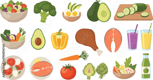 Healthy food vector set with vegetables fruits salmon chicken and smoothies illustration isolated on white background