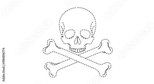 Dotted line skull and crossbones illustration for pirate or halloween themed tracing and drawing practice for children and kindergarteners.