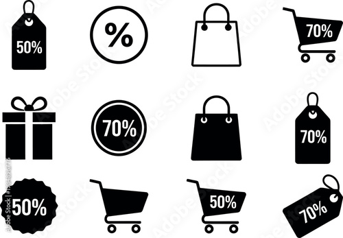 Shopping and discount icons set black and white glyphs for retail