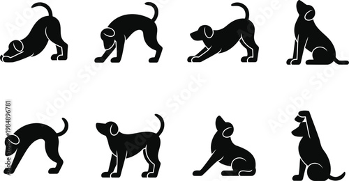 Set of black dog silhouettes in various poses with animal behavior, black