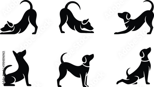 Dog silhouettes in various poses and stretches with silhouette, illustration