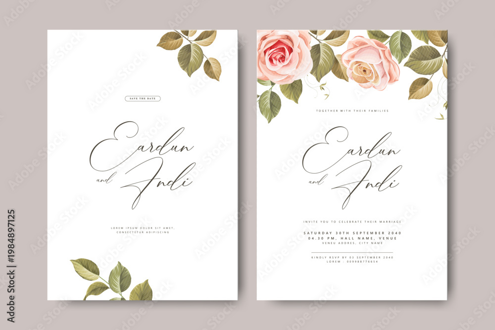 Naklejka premium wedding invitation card set with roses flower template