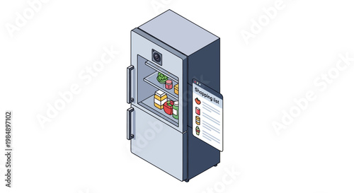 Isometric Smart Refrigerator with Digital Shopping List and Internal View Camera, IoT Kitchen Appliance Illustration
