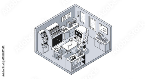 Isometric Illustration of an AI Robot Assistant Sorting Mail and Envelopes in a Modern Minimalist Office Setting for Automation and Productivity Concept