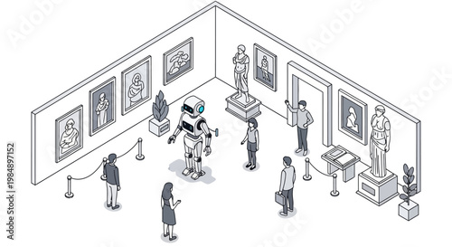 Isometric Illustration of a Humanoid AI Robot Visiting a Modern Art Museum and Gallery with People