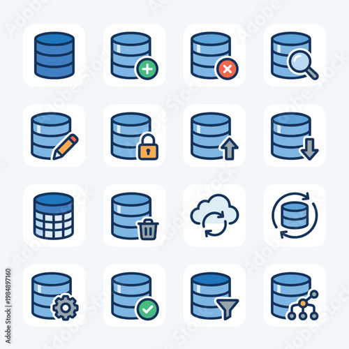 Database Icons With Edit With Lock With Upload