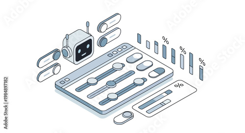AI Robot Control Panel and Dashboard with Sliders, Toggles, and Data Charts; Isometric Illustration for Machine Learning Optimization and Automation Settings