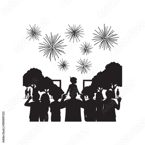 Silhouetted crowd watching fireworks display with trees and a child on shoulders people