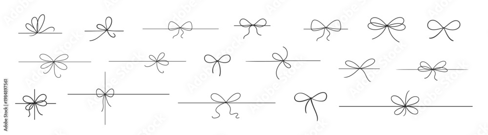 Fototapeta premium Minimalist bow ribbon icon set, hand drawn doodle gift knot collection, thin outline decorative elements, simple line design for holiday and packaging on transparent background