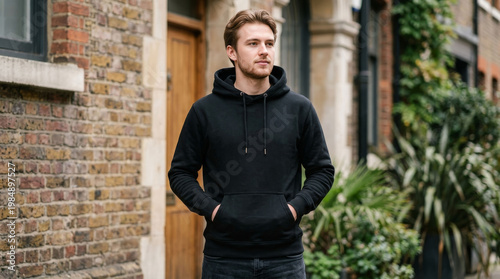 Maqueta de un chico llevando una sudadera negra en la calle.