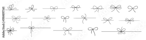 Minimalist bow ribbon icon set, hand drawn doodle gift knot collection, thin outline decorative elements, simple line design for holiday and packaging on transparent background
