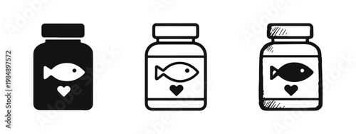 Fish oil supplement jar with heart symbol icons for health and wellness