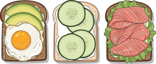 Healthy sandwich vector set with avocado egg cucumber and salmon toast illustration isolated on white background