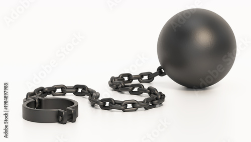 Schilderij op canvas Ball and chain isolated on white background. 3D illustration