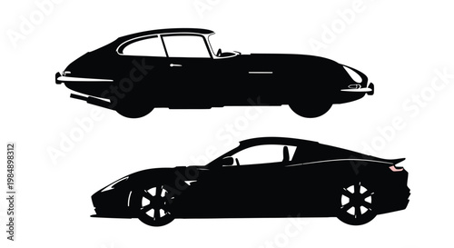 Two classic sports cars depicted in black silhouette on transparent background