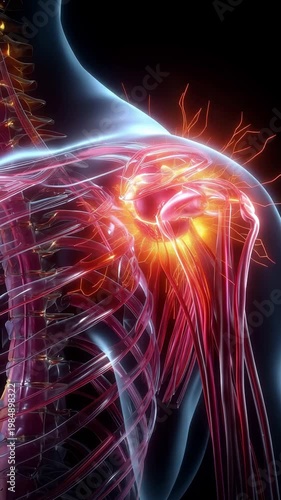 3D Animation of Human Shoulder Joint with Glowing Red Pain Signal and Neural Discharge Effects