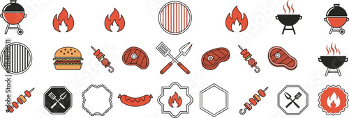 Barbecue Grill Icon Set with Charcoal Kettles Burgers Flame Symbols Skewers Meat Cuts and Kitchen Utensils for Summer Cookout Party and Menu Design
