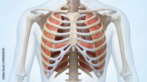 Thoracic cage anatomy with intercostal muscles and ribs, human chest structure