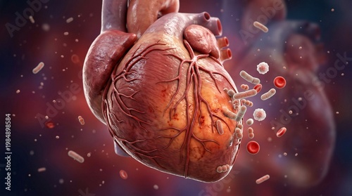 Human heart with bacterial infection, inflamed cardiac tissue medical concept
