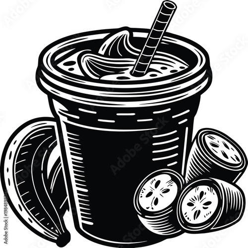Banana smoothie vector, black and white illustration, drink with straw, fruit cup, healthy beverage