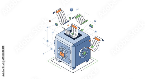Secure Digital Vault and Data Storage Isometric Illustration for Document Management, Information Privacy, and AI Cybersecurity