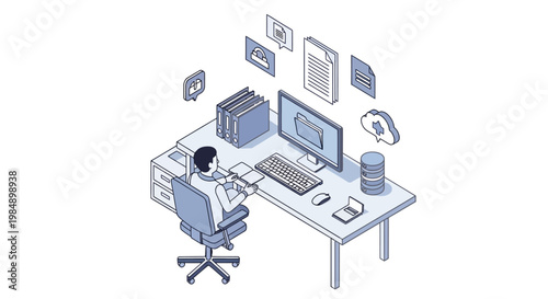 Isometric Illustration of Document Management System and Digital Archiving, Man Working at Desk with Cloud Storage and Data Organization Icons