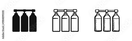 Gas Cylinder Icons Set with Oxygen Tanks in Solid Outline and Sketch Styles